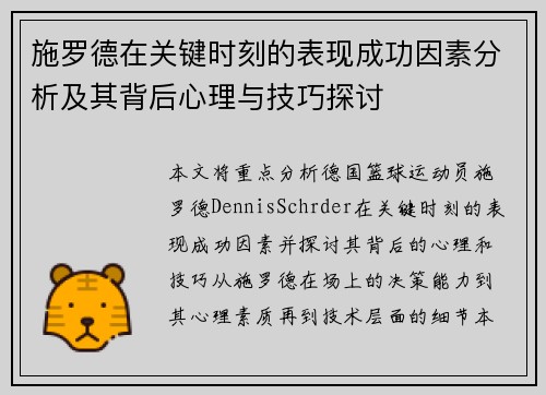 施罗德在关键时刻的表现成功因素分析及其背后心理与技巧探讨